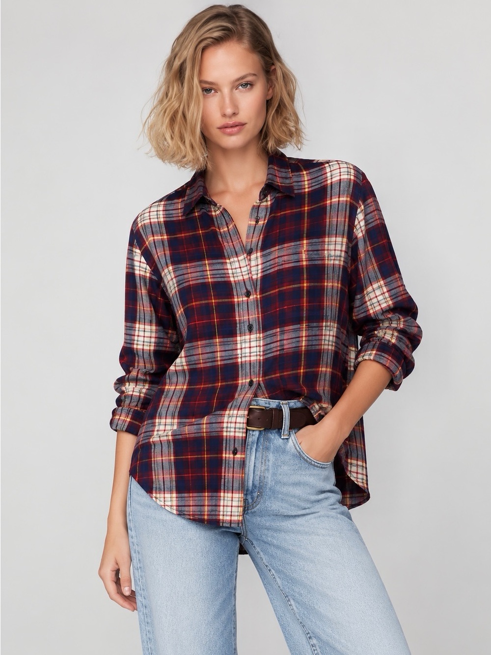 NWT Madewell Oversized Plaid Button-Down Shirt Burgundy Navy Size M